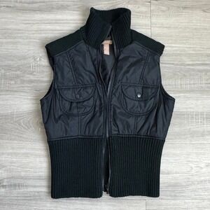 Vintage Y2K Black Puffer Zip Up Vest Ribbed Collar Hem L Grunge Streetwear 90s